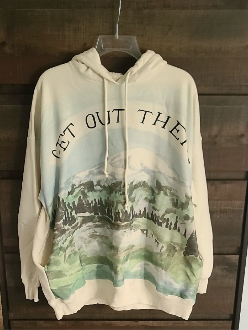 American Eagle Get Out There Cream Mountain nature Graphic Hoodie Sweatshirt L